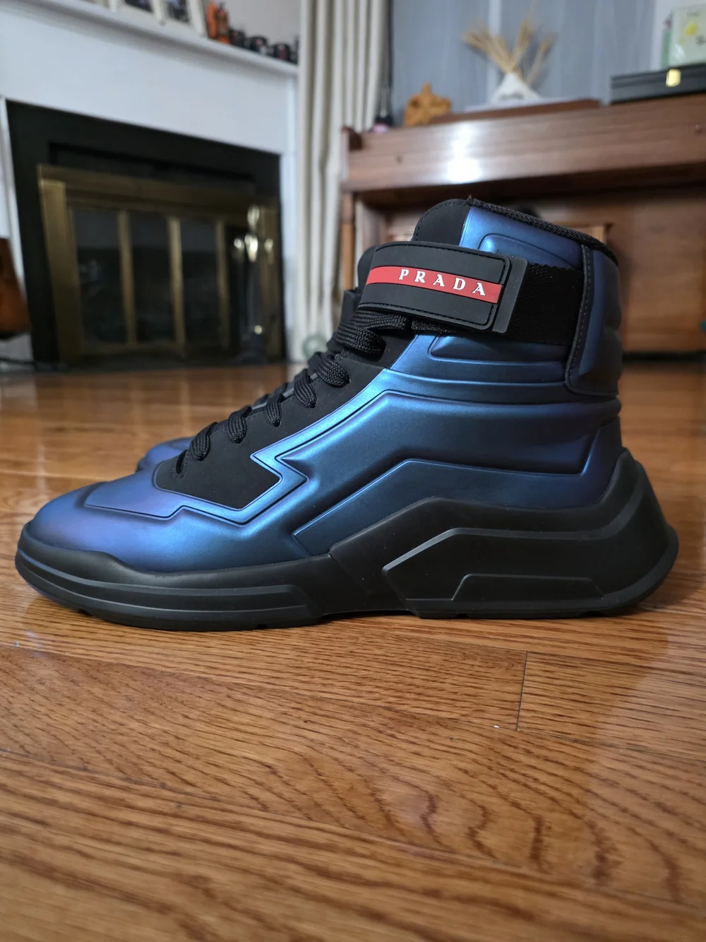 Prada Men’s Iridescent Blue and Black High-Top Sneakers